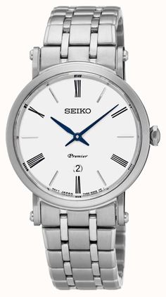 Seiko SXB429P1 - In stock. Perhaps a perfect demonstration of what a smart Ladies' daily watch should look like from Seiko's Premier range. This model is styled with a contemporary classic appeal, from stunning dial with its slender hour-markers and hands, to the round case and attractive bracelet. All of this comes in a stainless-steel with a white dial, while blue hands adding a distinctive finish. Features sapphire glass, and a circular date display at the 6 o&#39 Designer Watches, Contemporary Classic, Watches Jewelry, Watch Design