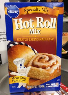 a box of hot roll mix sitting on top of a table