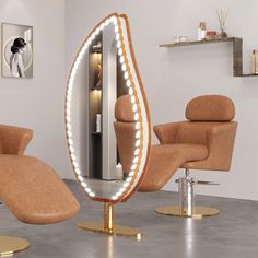 a chair and mirror in a room with lights on the floor, one light is turned on