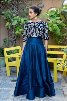 Blue Lehenga Designs, Blue Skirt Outfit Ideas, Baby Sweater Embroidery, Long Skirt Top Designs, Designer Dresses Elegant, Long Skirt And Top, Sweater Embroidery, Long Blouse Designs, Raw Silk Lehenga