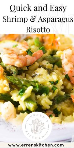 shrimp and asparagus risotto on a white plate with text overlay