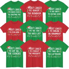 PRICES MAY VARY. Fun & Festive Family Christmas Shirts – Celebrate the holidays with these matching family shirts, featuring the playful "Most Likely To..." theme. Perfect for adding a touch of humor and holiday spirit to your family gatherings. Personalized for Each Family Member – Choose a "Most Likely To..." phrase for each family member to create a personalized and unique set of Christmas shirts. These custom options make your holiday outfits truly one-of-a-kind. Comfortable & Soft Material Most Likely To Christmas Shirts, Grinch Themed Christmas, Xmas Funny, 2024 Family, Night Christmas, T Shirts Funny, Family Shirts Matching