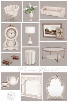 a collage of white furniture and accessories with text overlay that reads, elegant apartment