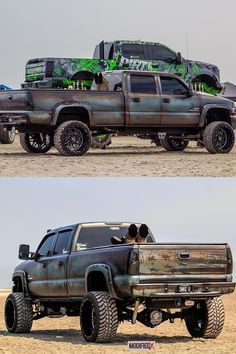 two pictures side by side of a black truck with green paint job on the bed