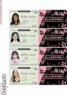 four id cards with different types of women's hair and makeup products on them