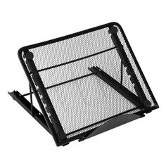 a black metal desk top with mesh screen on the bottom and two legs attached to it