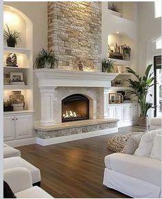 Great Room Fireplace, Minimalist Living Room Ideas, Built In Around Fireplace, Living Room Minimalist, Brick Fireplace Makeover, Room Fireplace, Room Minimalist, Lake Norman, Living Room Decor Fireplace