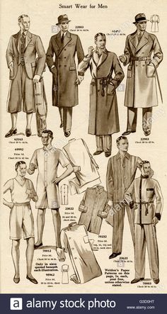 Download this stock image: Various outfits for men in a fashion catalogue, from golfers trousers, gentlemens winter coats, dressing gown with rope string, underwear and Pyjamas.     Date: 1936 - G3D0HT from Alamy's library of millions of high resolution stock photos, illustrations and vectors. 1930s Fashion Mens, Mens Winter Clothing, Clothing Poster, Book Costumes, Mens Fashion Casual Shoes, Mens Fashion Work