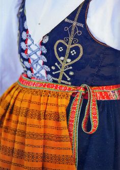 Costume and Embroidery of Leksand, Dalarna, Sweden Folk Art Aesthetic, Swedish Dress, Peasant Costume, Scandinavian Embroidery, Skirt Apron, Visuell Identitet, Vest Skirt, Folk Clothing