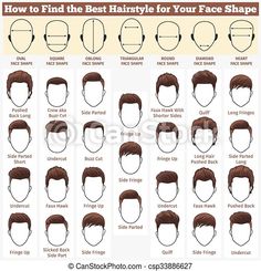 Different faces and haircuts. A set of mens hairstyles for different types of faces. how to find best hairstyle for your face | CanStock Haircut Mens, Hairstyle Names, Face Shape Hairstyles, Men Haircut Styles, Round Face Shape, نظارات شمسية, Round Face Haircuts, Corte De Cabelo Masculino