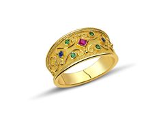 "The beauty of Byzantine style jewelry, completely handcrafted in Greece with the old-fashioned way, is omnipresent. An outstanding 18K solid yellow gold ring with Byzantine design decorated with natural gemstones, remains a classic and elegant choice for everyone. Bold and traditional, you will not take your eyes over your finger. Neither will your friends! High Quality Handmade Greek jewelry! This is a stunning ring that works well for all occasions, styles, and ages. You will love it! ✔ Dimen Ornate Yellow Gold Gemstone Rings, Ceremonial Yellow Gold Emerald Heirloom Ring, Ceremonial Heirloom Yellow Gold Emerald Ring, Heirloom Yellow Gold Ruby Ring With Filigree, Ornate Yellow Gold Ruby Ring With Intricate Design, Ceremonial Ornate Rings With Decorative Band, Ornate Yellow Gold Ruby Ring For Anniversary, Ornate Yellow Gold Ruby Anniversary Ring, Ornate Ceremonial Rings With Decorative Band