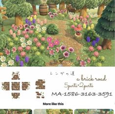 an advertisement for a flower shop with flowers and plants in the foreground, and on the right side there is a brick path that leads to a picnic area