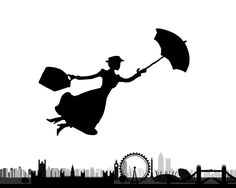 a woman flying through the air while holding an umbrella in front of a city skyline