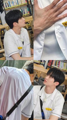 two men in white shirts and black suspenders sitting at desks with bookshelves behind them