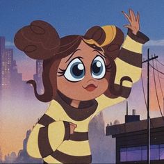 a cartoon character with big blue eyes and brown hair, standing in front of a cityscape