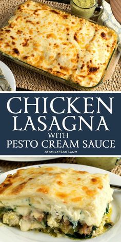 chicken lasagna with pesto cream sauce in a casserole dish