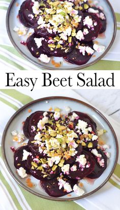 beet salad with goat cheese and honey served on a white plate, ready to be eaten