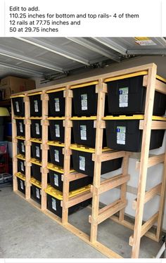 the shelves are filled with black and yellow bins