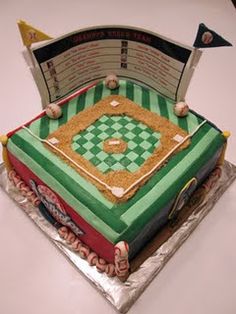 a cake shaped like a baseball field