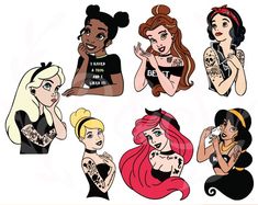 disney princesses with tattoos on their arms and legs, all in different poses for the camera