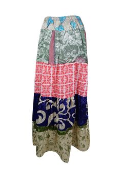 Add a burst of seasonal color to your wardrobe with this stunning flared maxi skirt! Crafted from upcycled saree fabric, it features a vibrant fusion of pink, bold floral designs, and a mix of multi-hued patterns, making each piece truly one-of-a-kind. The flowy ankle-length silhouette, combined with an adjustable drawstring waist, offers a perfect balance of comfort and boho-chic style. Ideal for everything from casual strolls at the farmer's market to twirling at beachside festivals, this eco- Multicolor Boho Print Long Skirt, Multicolor Long Skirt With Floral Patchwork, Bohemian High-waist Multicolor Skirt, Hippie Multicolor Floral Print Skirt, Yoga Mala Beads, Skirt Patchwork, Flare Maxi Skirt, Non-stretch Multicolor Bohemian Maxi Skirt, Boho Pants