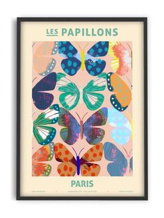 a framed poster with colorful butterflies on it's back and the words les papillon