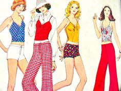 "McCall's 4406; ©1975; Misses' Top and Pants or Shorts - Top for Unbonded Stretchable Knits. Pullover top with side fronts gathered into front has shoulder straps. Pants or shorts, worn 2.25\" below normal waistline, have buttoned or hooked waistband and zipper in front opening. ORIGINAL SEWING PATTERN, not a reproduction!  MEASUREMENTS: Size 14, bust 36 Pattern is  complete with UNCUT, printed pattern pieces and instructions. Pattern envelope is in good vintage condition with corner wear * see photo's 042223" Retro Bottoms For Summer Vintage Fashion, Retro Summer Bottoms For Vintage Fashion, Vintage Stretch Pants, Retro Bottoms For Spring In Vintage Style, Mccalls Patterns, Cross Straps, Vintage Patterns, Short Tops, Print Patterns