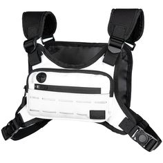 a white and black back pack with straps