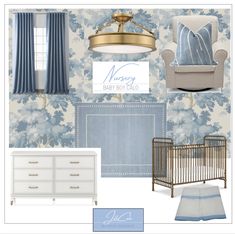 a baby's room with blue and white wallpaper