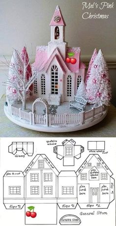 a paper model of a pink house with trees on the front and side, as well as instructions for how to make it