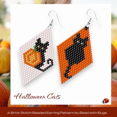 a pair of halloween cat earrings with pumpkins in the background and an image of a jack - o'- lantern