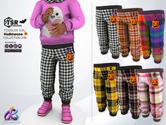 the child is wearing plaid pants with pumpkins on them