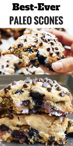 blueberry chocolate chip paleo scones stacked on top of each other with the title above it