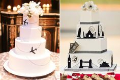 three different wedding cakes and desserts on display