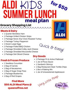 an ad for aldi kids's summer lunch meal plan with grocery shopping list