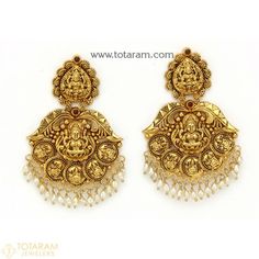 Temple Jewellery Earrings -Jhumkas in 22K Gold -Indian Gold Jewelry -Buy Online Temple Jewellery Gold, Bharatanatyam Jewellery, Indian Temple Jewellery, Gold Long Earrings, Gold Jhumkas, 22 Karat Gold Jewelry, South Indian Temple, Temple Jewellery Earrings, Indian Gold Jewelry