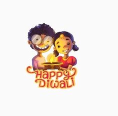 happy diwali greeting card with cartoon characters