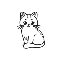 a black and white drawing of a cat with big eyes sitting down on the ground