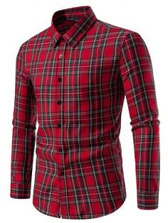 Manfinity Homme Men's Simple Red Black Plaid Long Sleeve Shirt, Button Up Graphic Casual Shirt For Party | SHEIN