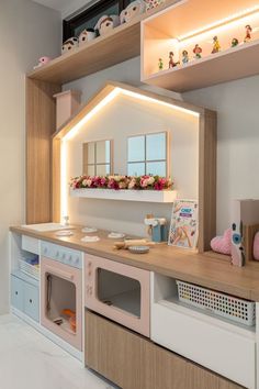 the kitchen is decorated in pink and white