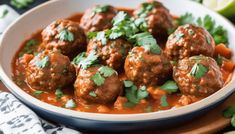 meatballs with tomato sauce and parsley in a bowl