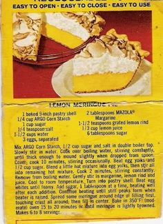 the recipe for lemon meringue pie is shown in an old style magazine advertisement