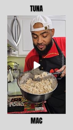 a man in an apron is cooking macaroni and cheese with the caption tuna macaroni and cheese