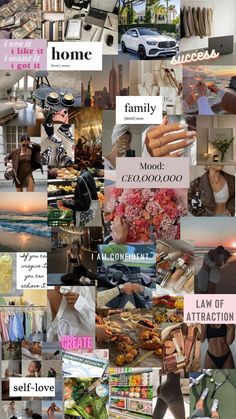 a collage of photos with words and pictures on them that say family, moot, cococoboad, law of attraction, self - love