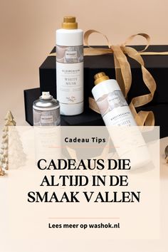 an advertisement for some products on a table with gold ribbon and christmas tree in the background