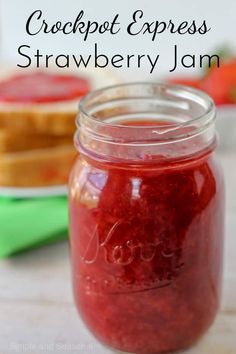 crockpot express strawberry jam in a mason jar