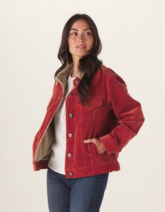 A cult classic with a TNB essence, this heavy corduroy jacket is an oversized fit with slightly dropped shoulders, a sherpa collar and lined bodice, denim shank buttons, and classic trucker style lines and construction. Warm enough to be practical, and with a stylish vintage vibe that goes with everything, this one will quickly become a fall staple. Stranger Things Natalia Dyer, Stranger Things Nancy, Red Denim Jacket, Sherpa Trucker Jacket, Nancy Wheeler, Womens Sherpa, Cold Weather Outfits