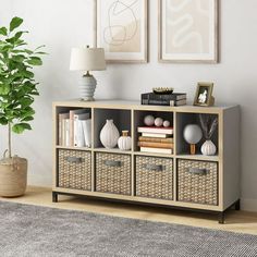 a living room with a book shelf and some pictures on the wall above it, next to a potted plant