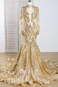 Gold Mermaid Dress For Prom, Gold Floor-length Mermaid Dress For Prom, Gold Mermaid Dress With Sweep Train For Prom, Gold Fitted Mermaid Dress For Prom, Gold Mermaid Hem Dress For Prom Season, Gold Sequined Mermaid Wedding Dress, Gold Sequined Mermaid Dress For Wedding, Gold Mermaid Dress With Sequins For Wedding, Gold Sequined Floor-length Mermaid Dress