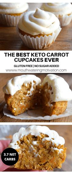 the best keto carrot cupcakes ever with white frosting on top and one cut in half